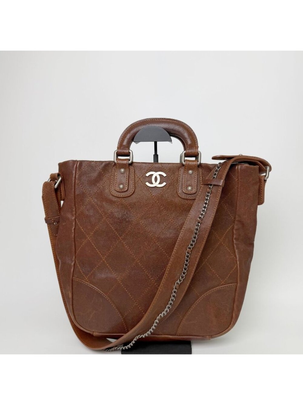 Chanel CC Logo Quilted 2-Way Shoulder Bag Leather Brown Silver Seal Vintage